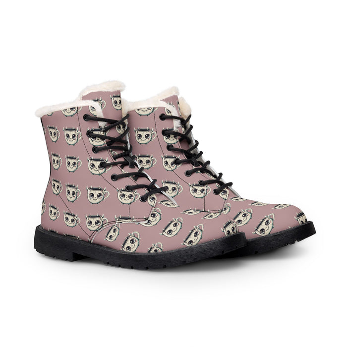 Women’s Furry Lined Leather Boots — Cute Koala Face Print, Warm Winter Ankle Boots
