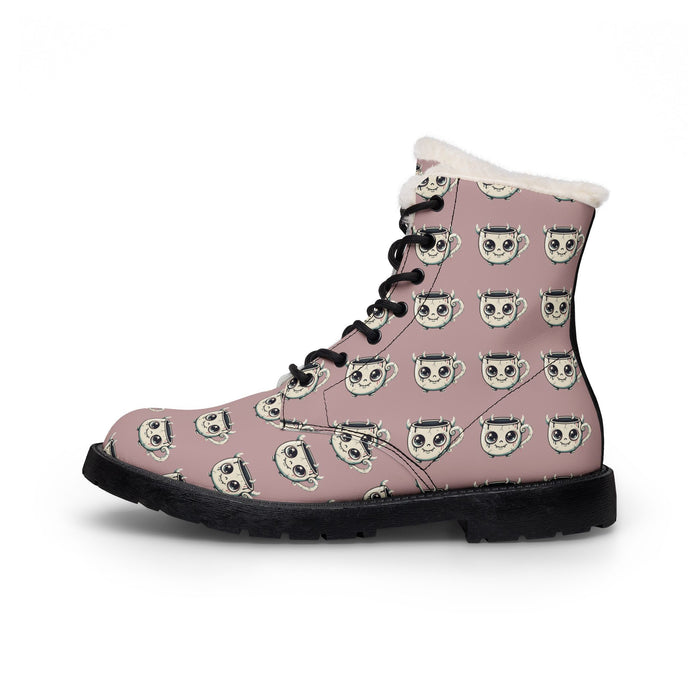 Women’s Furry Lined Leather Boots — Cute Koala Face Print, Warm Winter Ankle Boots