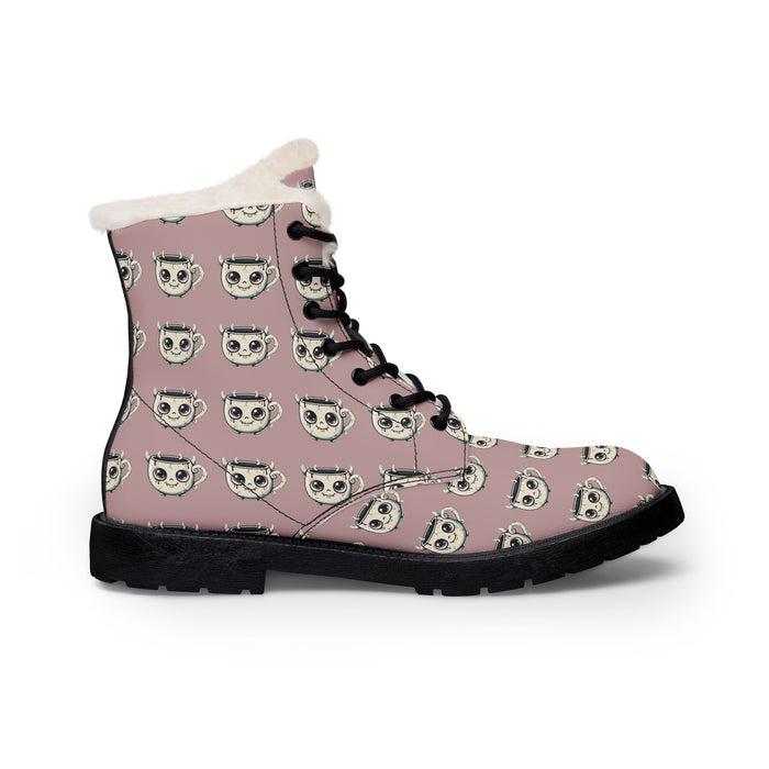Women’s Furry Lined Leather Boots — Cute Koala Face Print, Warm Winter Ankle Boots