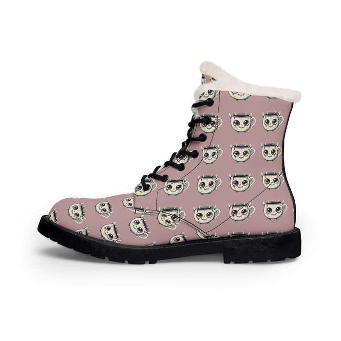 Women’s Furry Lined Leather Boots — Cute Koala Face Print, Warm Winter Ankle Boots