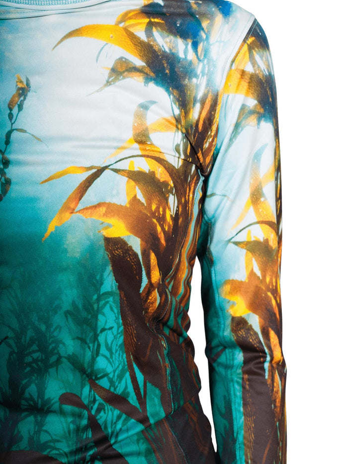 Close-up of a sun protective shirt with a nature-themed design featuring a kelp forest.