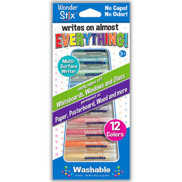 Packaging of Wonder Stix with colorful text and images on a white background
