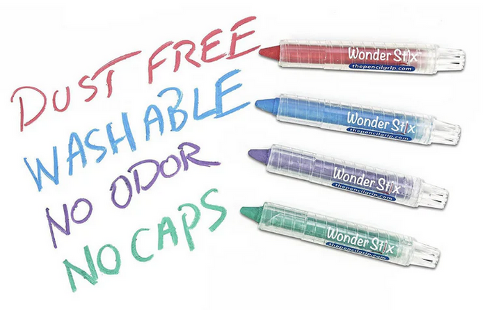 Four Wonder Stix markers in different colors with text describing their features on a white background.