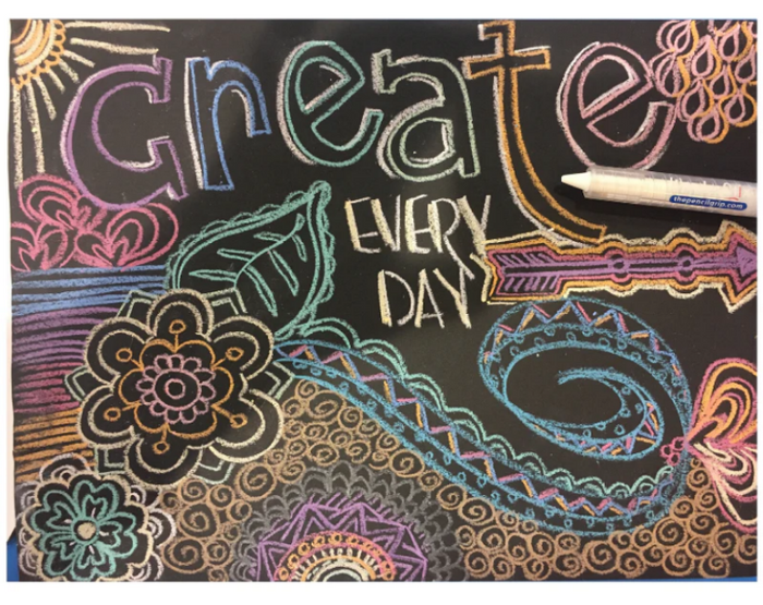Colorful mandala design on a black background with 'Create Every Day' text.