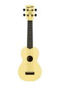 Yellow ukulele with black fretboard on a white background
