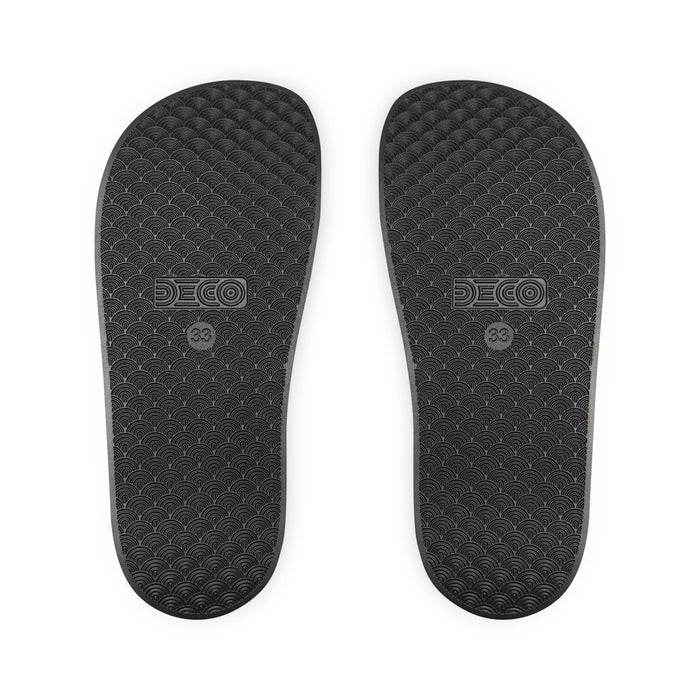 Youth Slide Sandals - Black Strap with Gold Monogram Logo