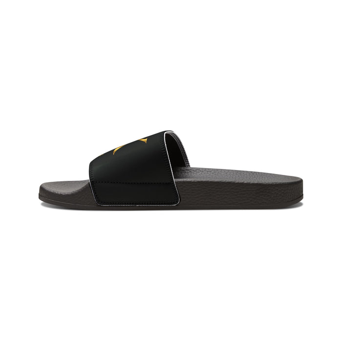Youth Slide Sandals - Black Strap with Gold Monogram Logo
