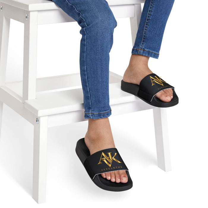 Youth Slide Sandals - Black Strap with Gold Monogram Logo