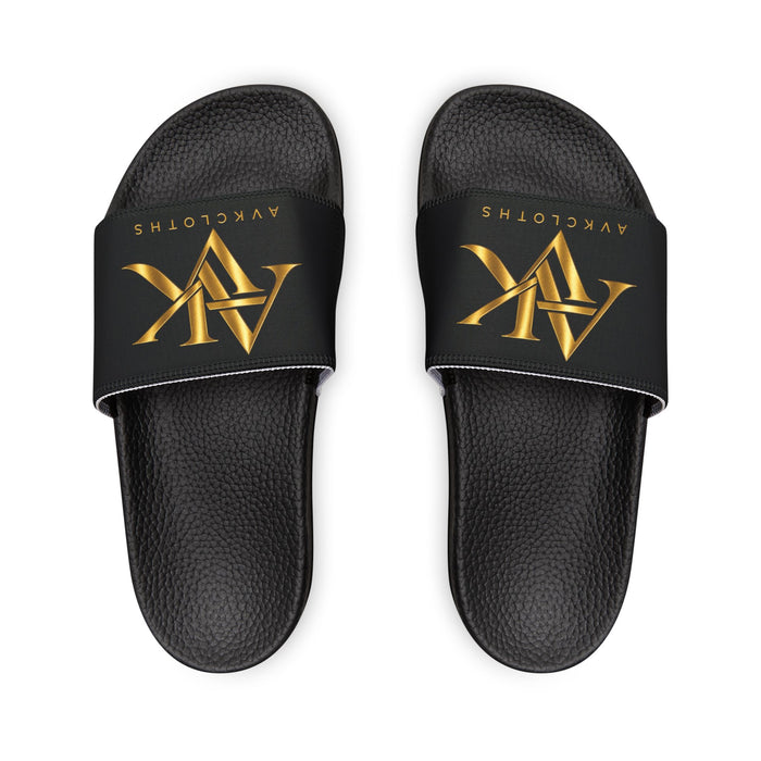 Youth Slide Sandals - Black Strap with Gold Monogram Logo