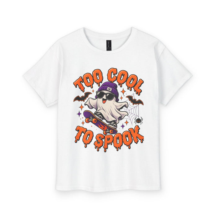 Youth Tee — "Too Cool To Spook" Skateboarding Ghost Halloween Shirt