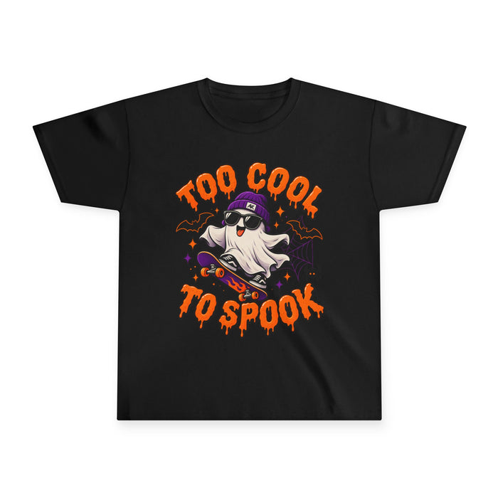 Youth Tee — "Too Cool To Spook" Skateboarding Ghost Halloween Shirt