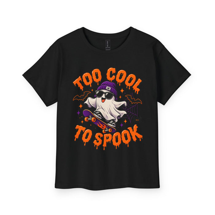 Youth Tee — "Too Cool To Spook" Skateboarding Ghost Halloween Shirt